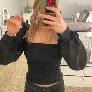 Black Ruched Bubble Sleeve Top